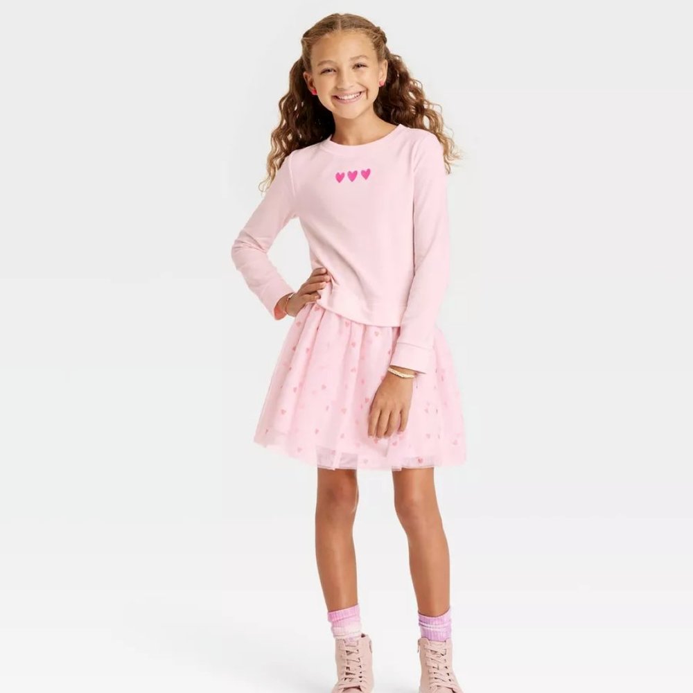 Girls' Valentine Heart Long Sleeve Tulle Skirt Dress  Cat & Jack Soft Pink